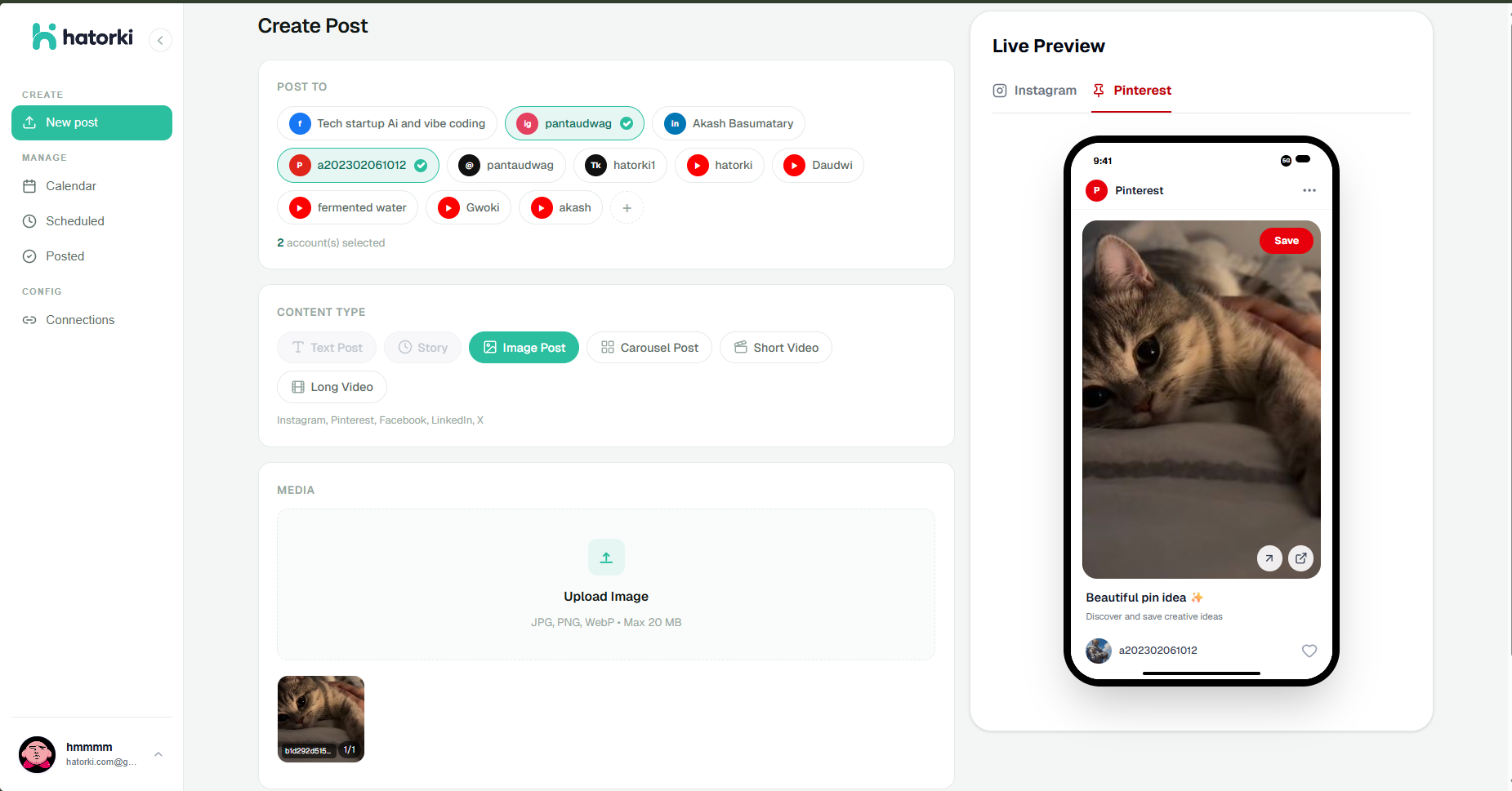 Hatorki dashboard showing social media scheduling calendar with colorful post blocks and analytics charts
